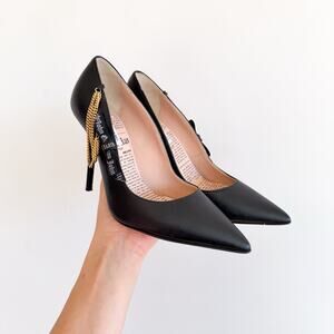John Galliano Leather Gold Chain Accent Point Toe High Heels Pumps Black 5.5